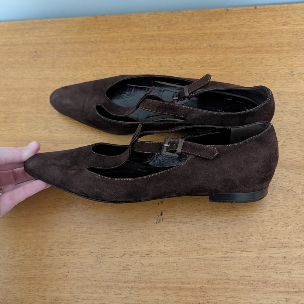 Vintage Bottega Veneta Brown Suede T-strap Flats Quiet Luxury